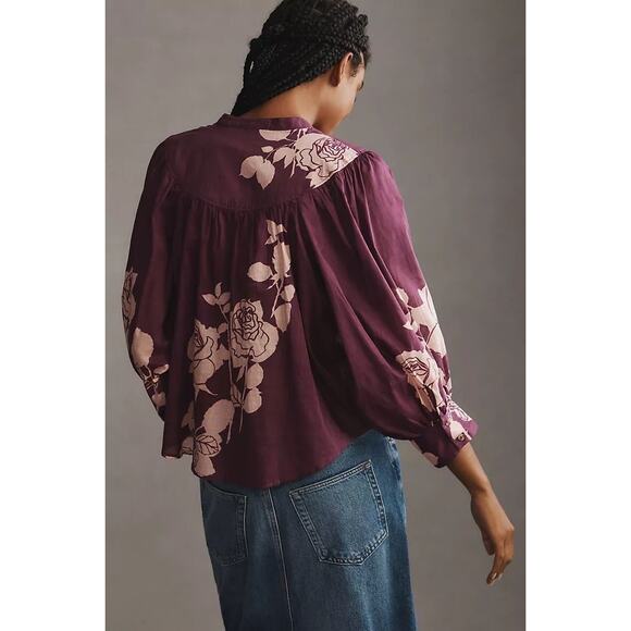 Anthropologie Maeve Women's Blouse Top Shirt Buttondown Dark Purple Floral M - Picture 3 of 8